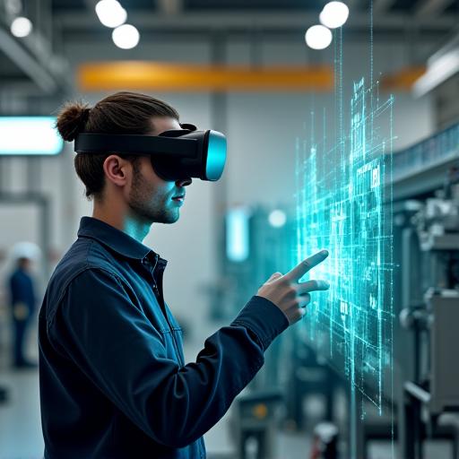 Mitarbeiter trainiert mit VR-Headset an einer virtuellen Industrieanlage